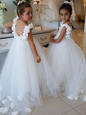Sweet Tulle Appliques Backless Flower Girl Dresses with Pearls_1