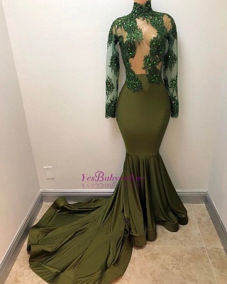 Gorgeous Long Illusion Mermaid High-Neck Long-Sleeves Prom Dresses_1