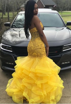 Yellow Sexy Sweetheart Sleeveless Applique Lace Mermaid Prom Dresses | Ruffles Tiered Evening Gown_1