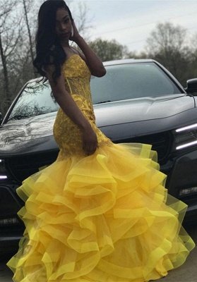Yellow Sexy Sweetheart Sleeveless Applique Lace Mermaid Prom Dresses | Ruffles Tiered Evening Gown_4