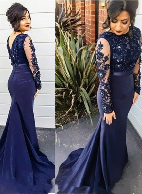 Navy Blue Mermaid Prom Dresses Long Sleeves 3D-Floral Appliques Elegant Evening Gowns_1