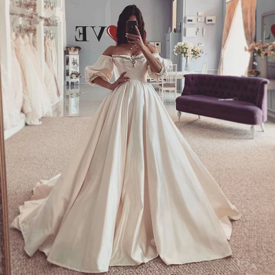 Off the Shouder Sweetheart Puffy Sleeves Vintage Ball Gown Wedding Dresses_2