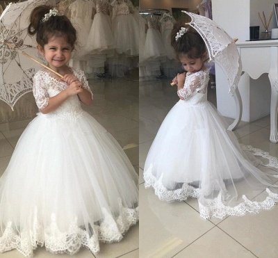 Sweet Half Sleeves Lace Flower Girl Dresses | Tulle Ball Gown Wedding Party Dresses_3
