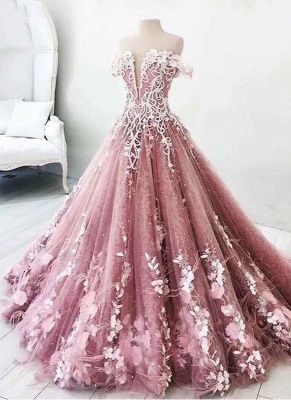 Fairytale Floral Puffy Prom Dresses | Off-The-Shoulder Lace Appliques Quinceanera Dresses_1