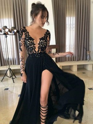 Side-Slit A-Line Long Sleeves Sexy Black Prom Dresses_1
