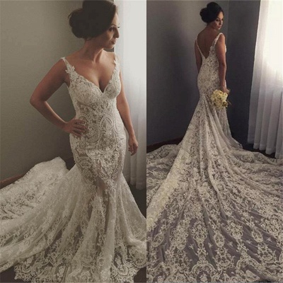 V-neck Sleeveless Sexy Mermaid Wedding Dresses | Lace Appliques Bridal Dress WE0196_4