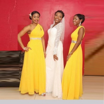 Modern A-line Chiffon Yellow One-Shoulder Beads Bridesmaid Dress_3