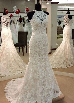 Lace Appliques Sexy Mermaid Wedding Dresses | High Neck Buttons Back Long Bridal Gowns_2