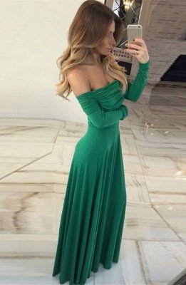 Gorgeous Long-Sleeve Off-the-shoulder Long Green Prom Dress_3