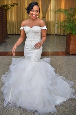 Lace-up Modest Short-Sleeve Tulle Off-the-shoulder Mermaid Lace Wedding Dress_2