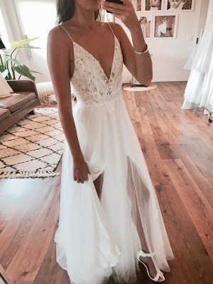 Sexy A-Line V-Neck Wedding Dresses | Tulle Spaghetti-Strap Slit Bridal Gowns_1