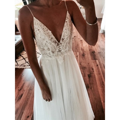 Sexy A-Line V-Neck Wedding Dresses | Tulle Spaghetti-Strap Slit Bridal Gowns_5