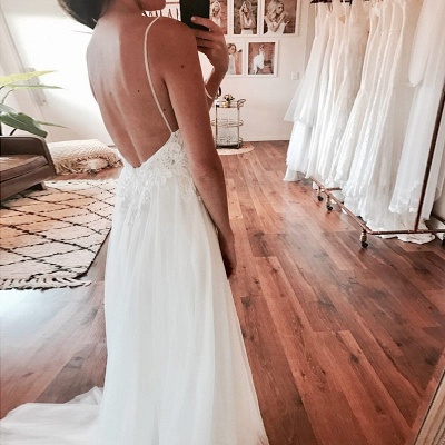 Sexy A-Line V-Neck Wedding Dresses | Tulle Spaghetti-Strap Slit Bridal Gowns_3