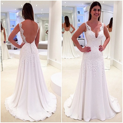 Glamorous A-Line V-Neck Wedding Dresses | Backless Lace-Appliques Bridal Gowns_3