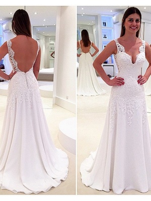 Glamorous A-Line V-Neck Wedding Dresses | Backless Lace-Appliques Bridal Gowns_1