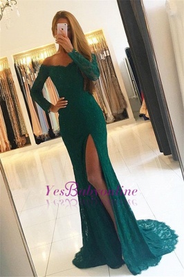 Off-the-Shoulder Side-Slit Lace Elegant Long-Sleeves Green Prom Dresses_1