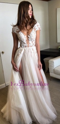 Short-Sleeves Side-Slit A-line Lace-Applique Tulle Exquisite Scoop Wedding Dresses_1