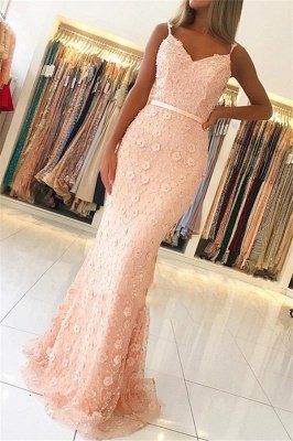 Elegant Pink Sheath Long Prom Dress | Spaghetti Straps Flowers Sleeveless Evening Dress BC2487_1