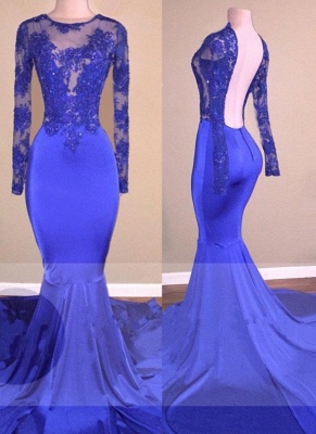 Royal-Blue Beaded Sexy Backless Long-Sleeves Mermaid Prom Dresses_2