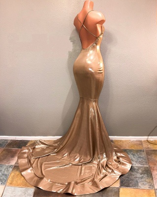 Gold Spaghetti Straps Prom Dresses | Long Mermaid Backless Evening Dresses_1