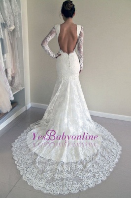Long-Sleeve Sweep-Train Glamorous Backless Jewel Lace Wedding Dress_1