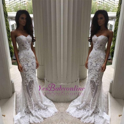 Sweetheart-Neck White Sheer Mermaid Lace Appliques Wedding Dresses_1