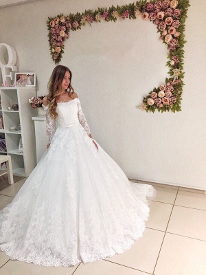 Modest Off Shoulder Long Sleeve Lace Puffy Wedding Dress_1