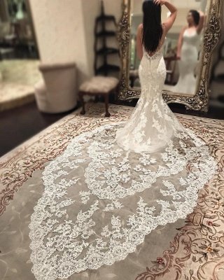 Stunning Spaghetti Straps Appliques Lace Mermaid Wedding Dress With Train_6