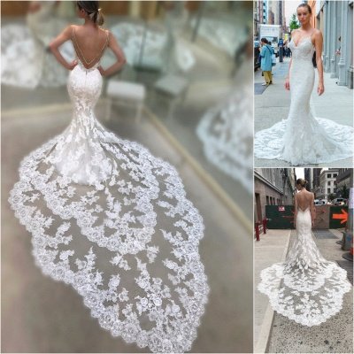 Stunning Spaghetti Straps Appliques Lace Mermaid Wedding Dress With Train_3