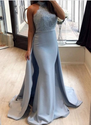 Elegant Blue Mermaid Prom Dresses | High Neck Evening Gowns with Overskirt_2