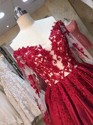 Red Puffy Prom Dresses Off-the-Shoulder Long Sleeves Lace Appliques Evening Gowns_3