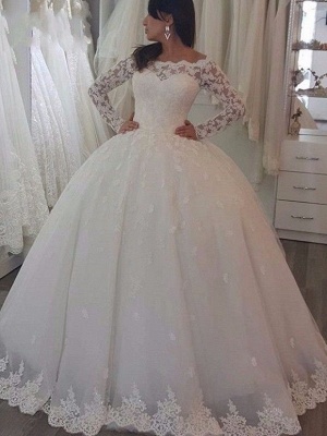 Floor Length Tulle Lace Wedding Dresses | Off the Shoulder Long Sleeves Ball Gowns with Appliques_1