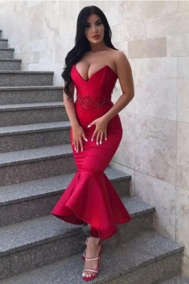 Gorgeous Mermaid Sweetheart Prom Dress | Strapless Appliques Red Tea-Length Evening Gowns_2
