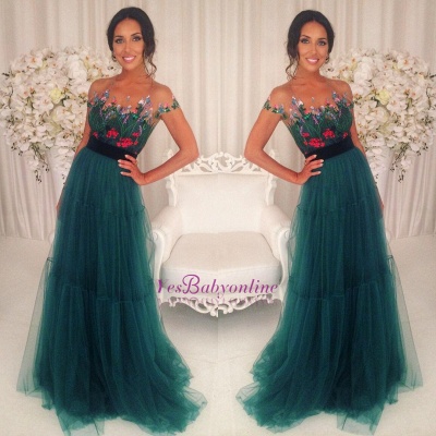 Appliques Tulle A-Line Green Short-Sleeves Prom Dresses_1