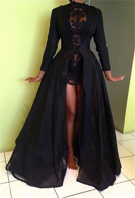 Black Two-Pieces Detachable Prom Dresses Long Sleeves Lace Sexy Party Dresses_3