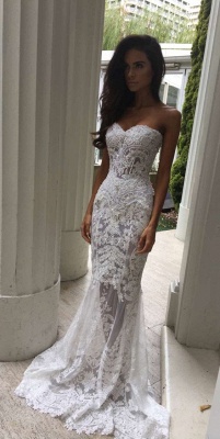 Sweetheart-Neck White Sheer Mermaid Lace Appliques Wedding Dresses_3