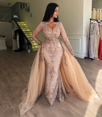 Luxurious Champagne Long Sleeves Mermaid V-neck Tulle Prom Dress_3