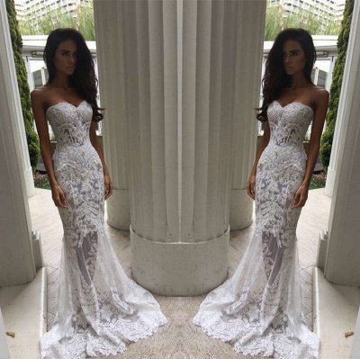 Sweetheart-Neck White Sheer Mermaid Lace Appliques Wedding Dresses_4