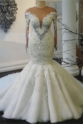 Luxury Lace Appliques Mermaid Wedding Dresses  | Beads Long Sleeve Gorgeous Bridal Gowns_1